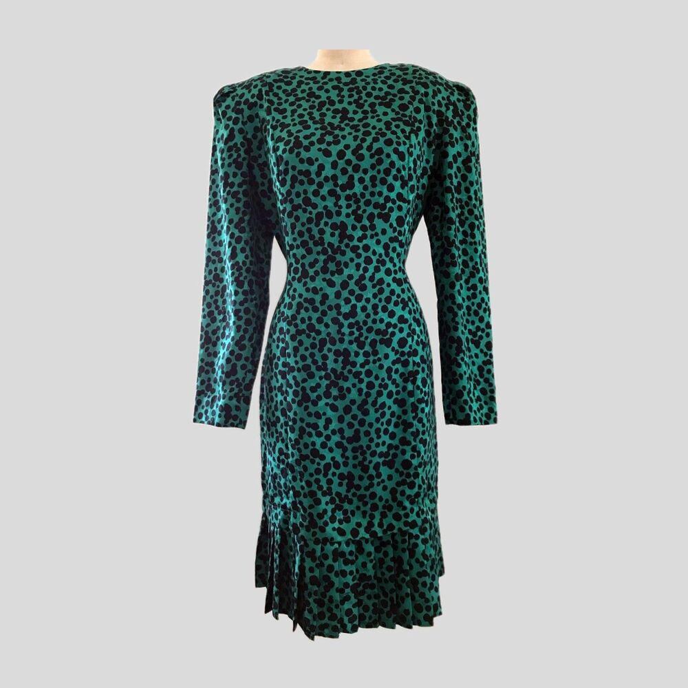 Vintage 1980s Green Black Silk Pleated Long Sleeve Polka Dot Dress - M